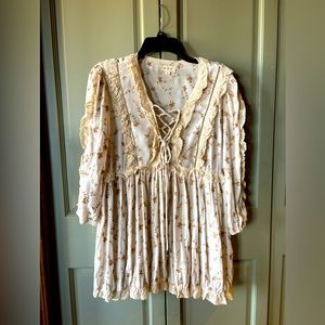 POL lace-up peasant tunic blouse in cream and tan. L.